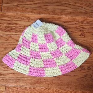 Pink And Yellow Checkered Crochet Bucket Hat